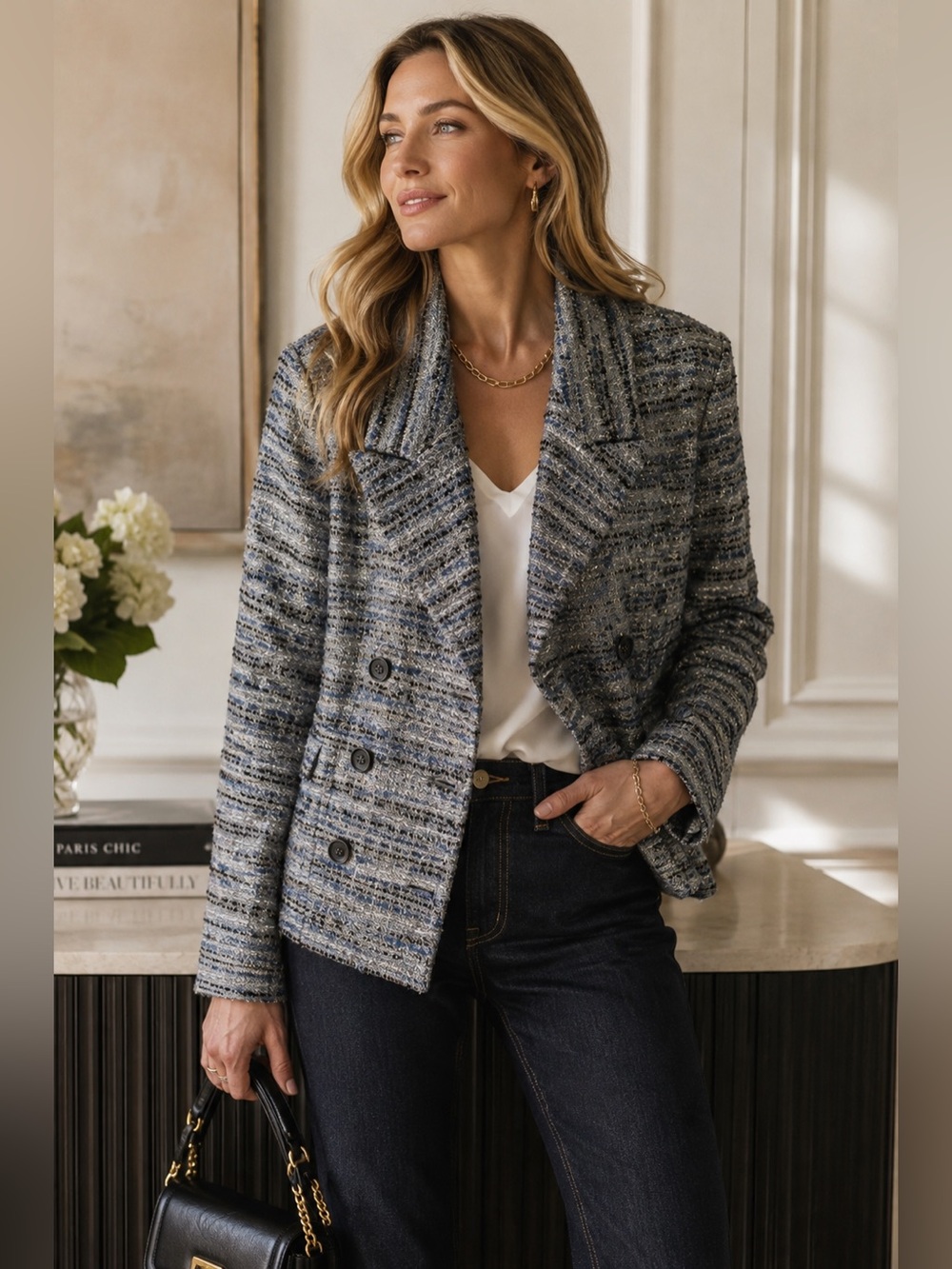 CAbi Radiance Jacket XL NWT Metallic Tweed Double Breasted Statement Blazer